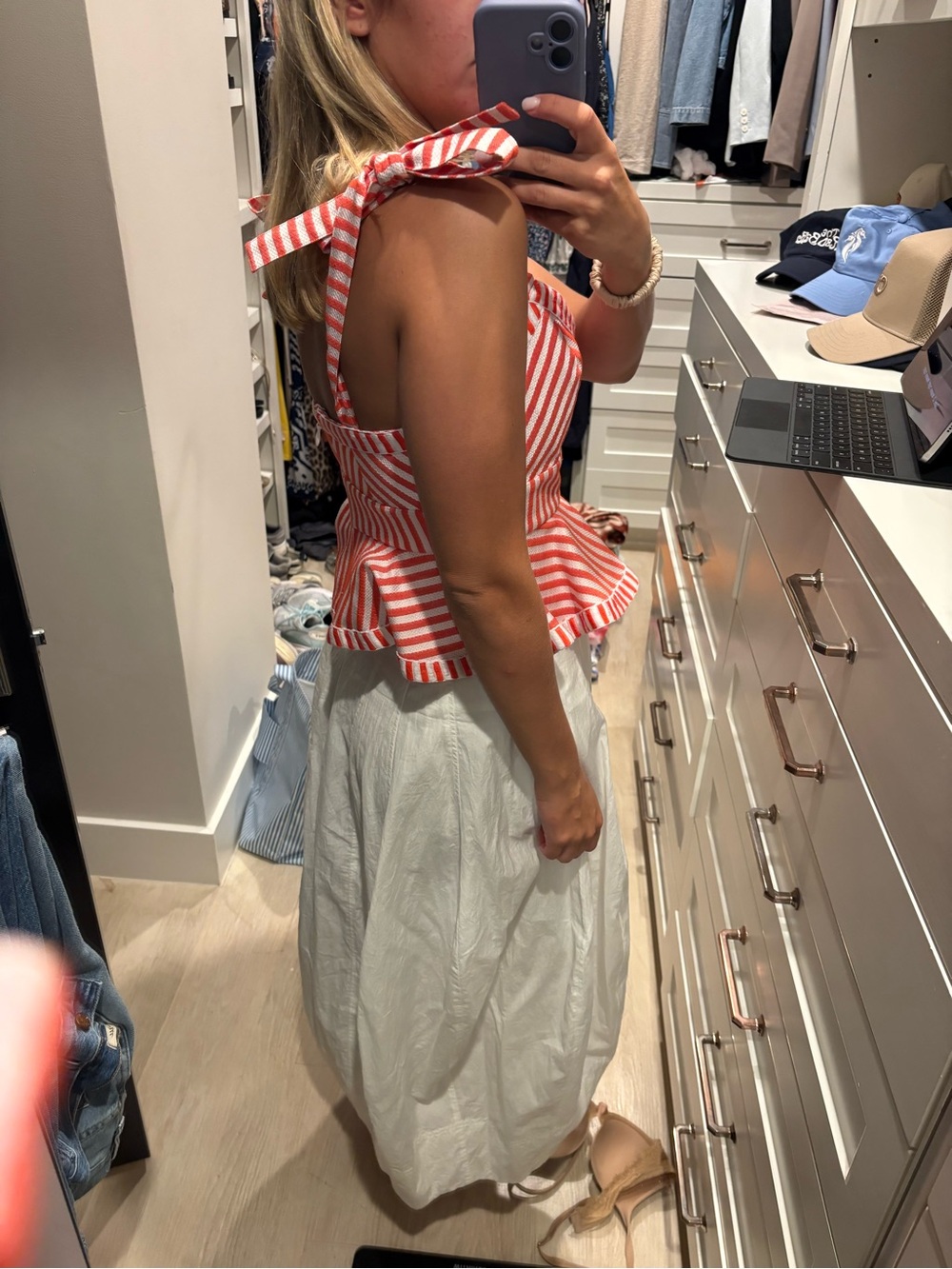 HUNTER BELL Coral and White Striped Tie-Shoulder Peplum Camisole - Picture 2 of 3